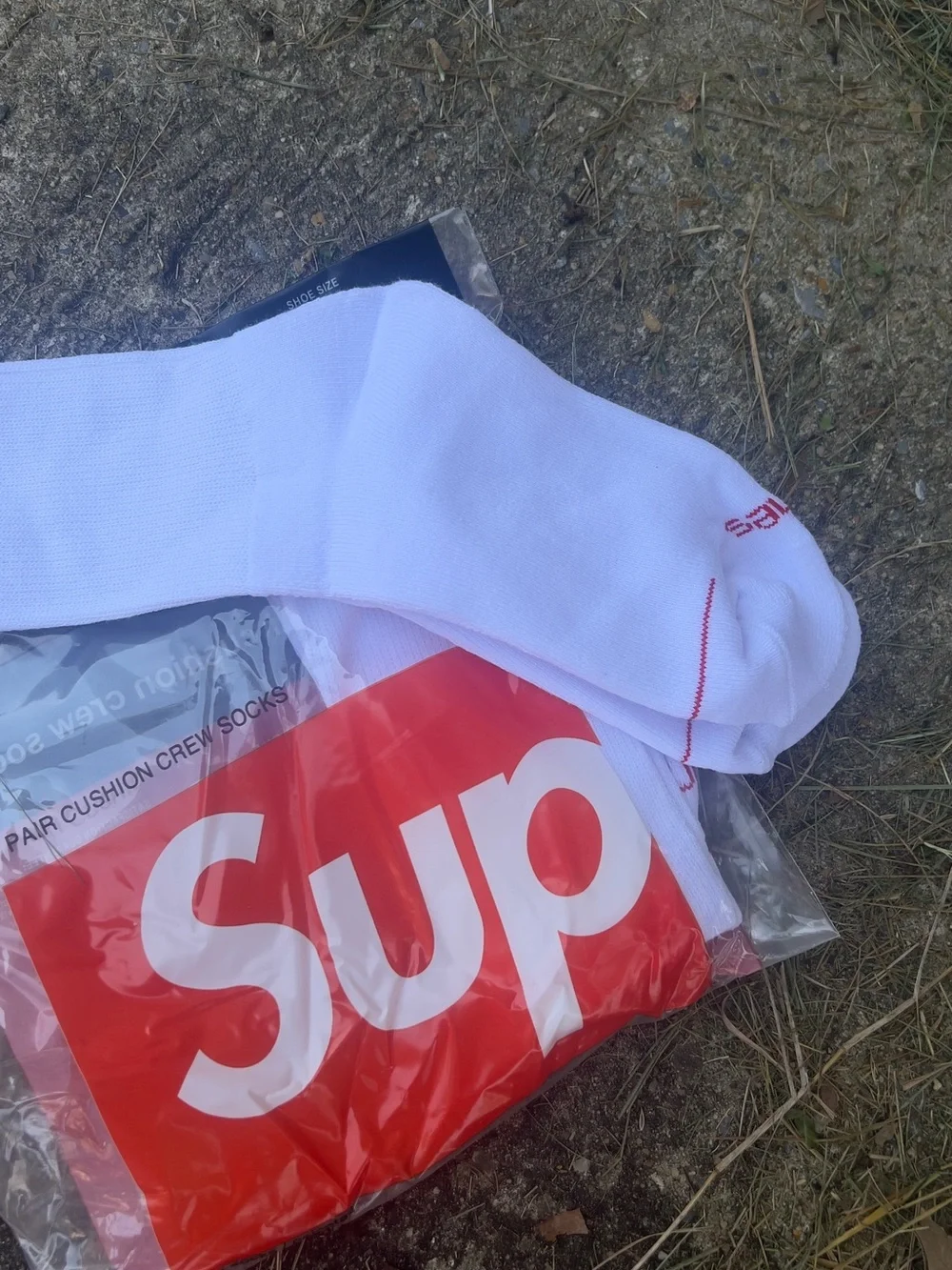 Supreme White Crew Socks with Red Logo
